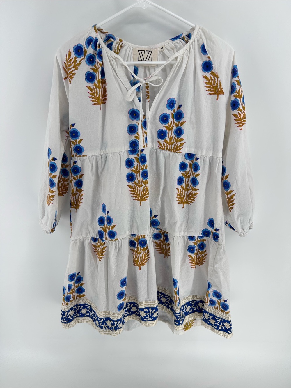 SZ Blockprints Cornflower Blue Poppy Print Joci Dress - Size Medium